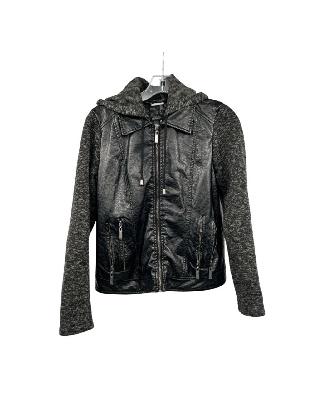 J2 Womens Faux Leather Knit Moto Jacket Hooded Black/Gray Size Medium